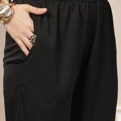 Stylum Women's Black Solid & Embroidered Crepe A-Line Kurta Pant Dupatta Set (KPDBLACKAESTHIC)