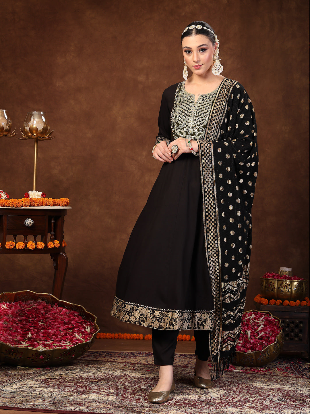 Stylum Women's Black Solid & Embroidered Rayon Anarkali Kurta Pant Dupatta Set (KPDBLACKBARLEY)