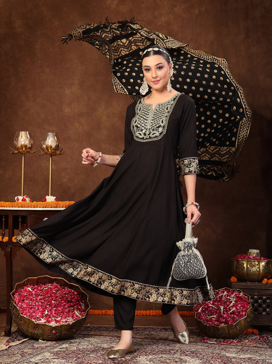 Stylum Women's Black Solid & Embroidered Rayon Anarkali Kurta Pant Dupatta Set (KPDBLACKBARLEY)