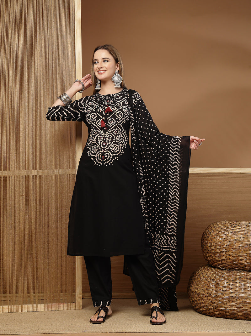 Stylum Women's Black Bandhej Printed & Embroidered Cotton Straight Kurta Pant Dupatta Set (KPDBLACKBAZZI)
