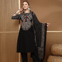 Stylum Women's Black Bandhej Printed & Embroidered Cotton Straight Kurta Pant Dupatta Set (KPDBLACKBAZZI)