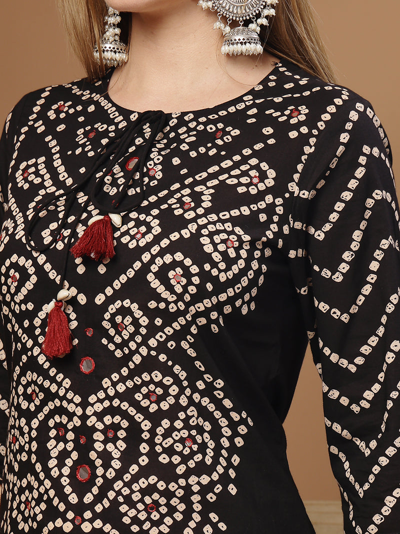 Stylum Women's Black Bandhej Printed & Embroidered Cotton Straight Kurta Pant Dupatta Set (KPDBLACKBAZZI)
