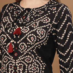 Stylum Women's Black Bandhej Printed & Embroidered Cotton Straight Kurta Pant Dupatta Set (KPDBLACKBAZZI)