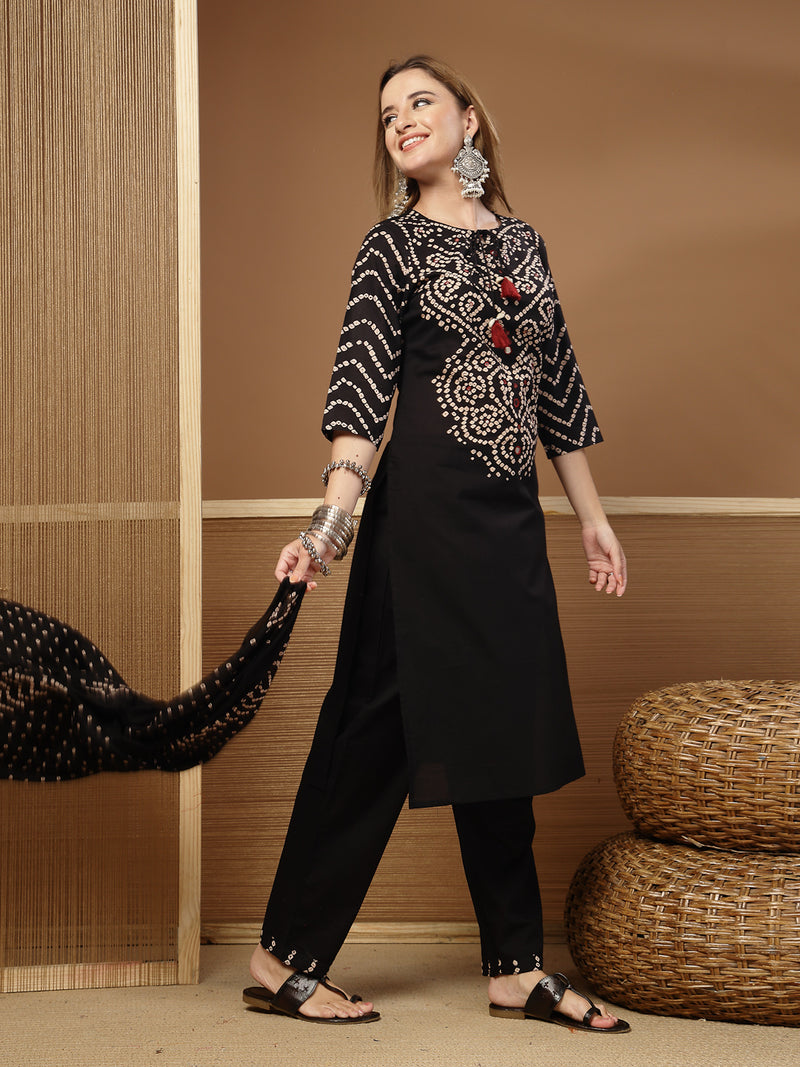 Stylum Women's Black Bandhej Printed & Embroidered Cotton Straight Kurta Pant Dupatta Set (KPDBLACKBAZZI)