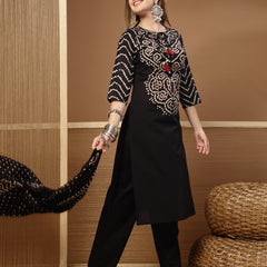 Stylum Women's Black Bandhej Printed & Embroidered Cotton Straight Kurta Pant Dupatta Set (KPDBLACKBAZZI)