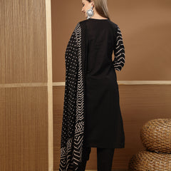 Stylum Women's Black Bandhej Printed & Embroidered Cotton Straight Kurta Pant Dupatta Set (KPDBLACKBAZZI)