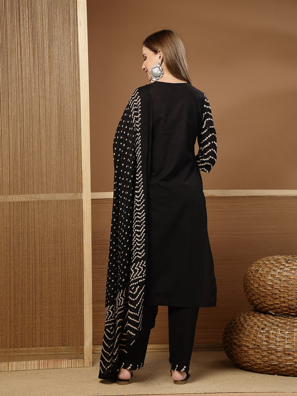 Stylum Women's Black Bandhej Printed & Embroidered Cotton Straight Kurta Pant Dupatta Set (KPDBLACKBAZZI)