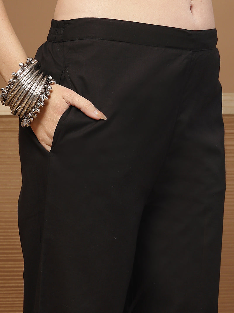 Stylum Women's Black Bandhej Printed & Embroidered Cotton Straight Kurta Pant Dupatta Set (KPDBLACKBAZZI)