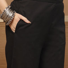 Stylum Women's Black Bandhej Printed & Embroidered Cotton Straight Kurta Pant Dupatta Set (KPDBLACKBAZZI)