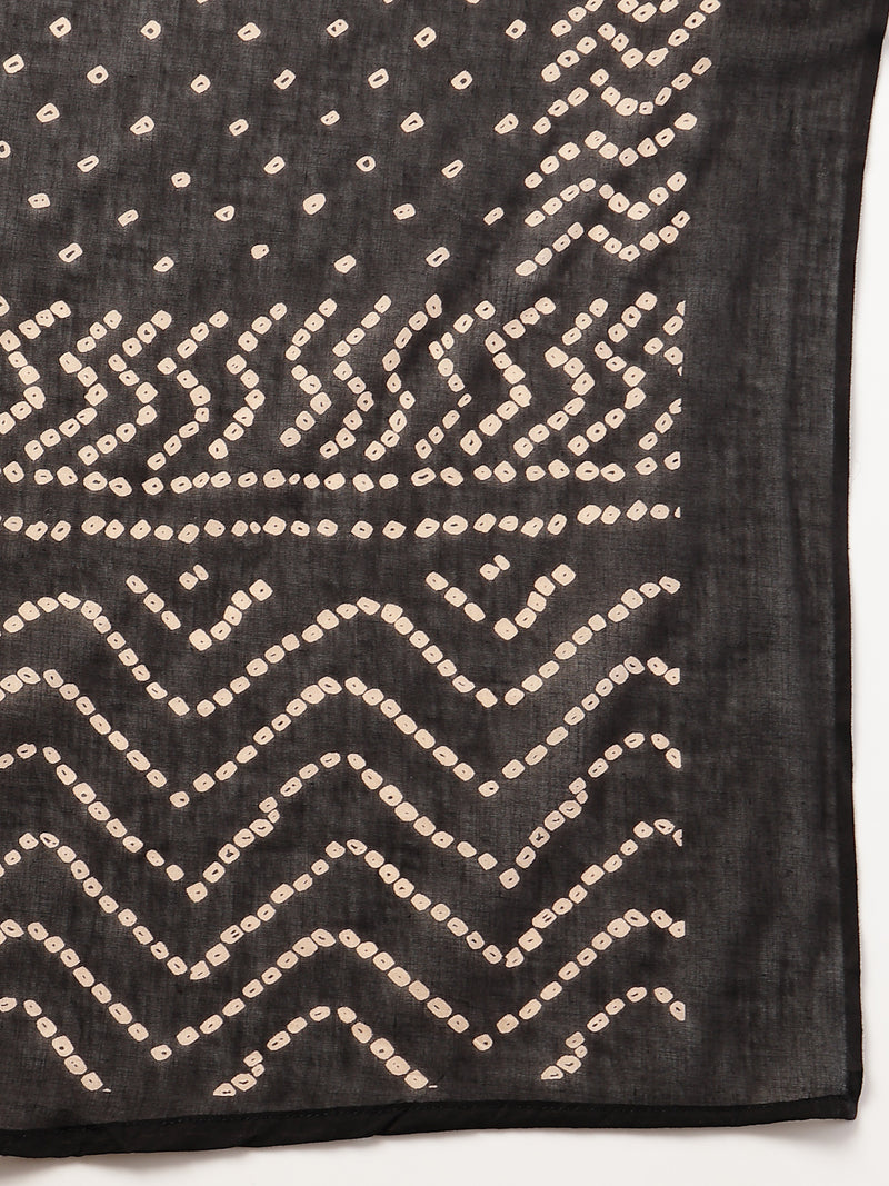 Stylum Women's Black Bandhej Printed & Embroidered Cotton Straight Kurta Pant Dupatta Set (KPDBLACKBAZZI)