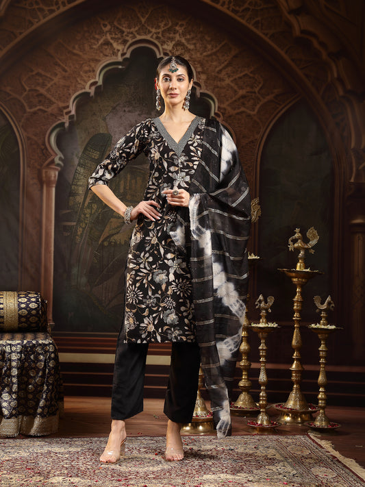Stylum Women's Black Floral Printed Straight Kurta Pant Dupatta Set (KPDBLACKBISTI)