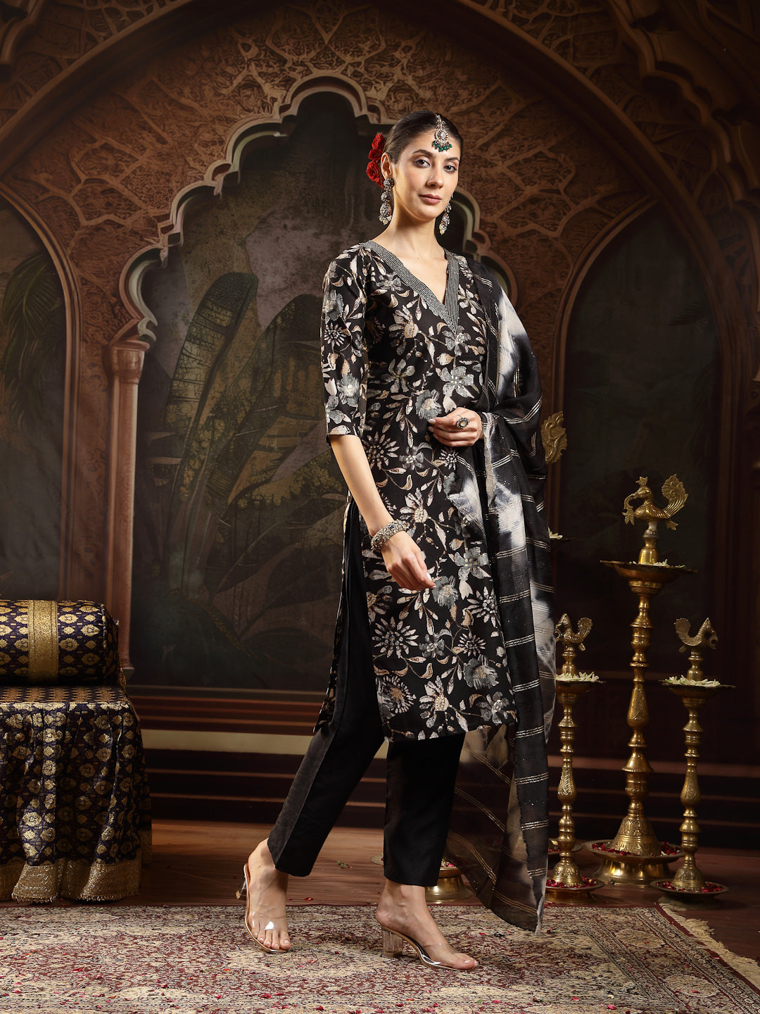 Stylum Women's Black Floral Printed Straight Kurta Pant Dupatta Set (KPDBLACKBISTI)