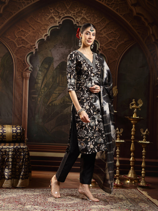 Stylum Women's Black Floral Printed Straight Kurta Pant Dupatta Set (KPDBLACKBISTI)