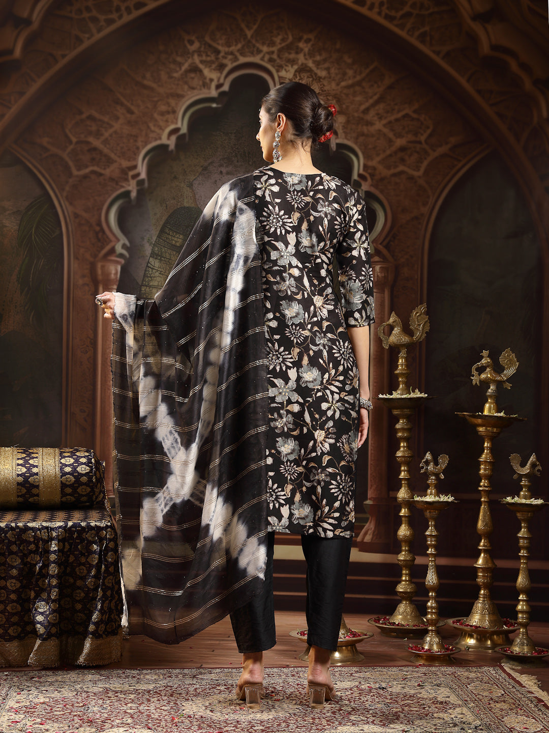 Stylum Women's Black Floral Printed Straight Kurta Pant Dupatta Set (KPDBLACKBISTI)