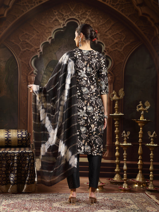 Stylum Women's Black Floral Printed Straight Kurta Pant Dupatta Set (KPDBLACKBISTI)