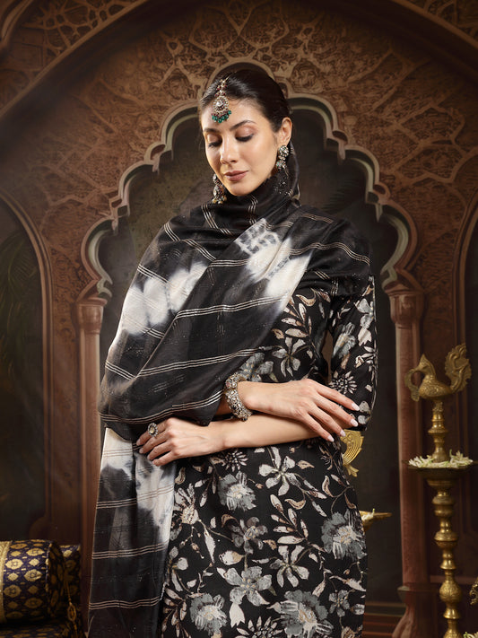 Stylum Women's Black Floral Printed Straight Kurta Pant Dupatta Set (KPDBLACKBISTI)