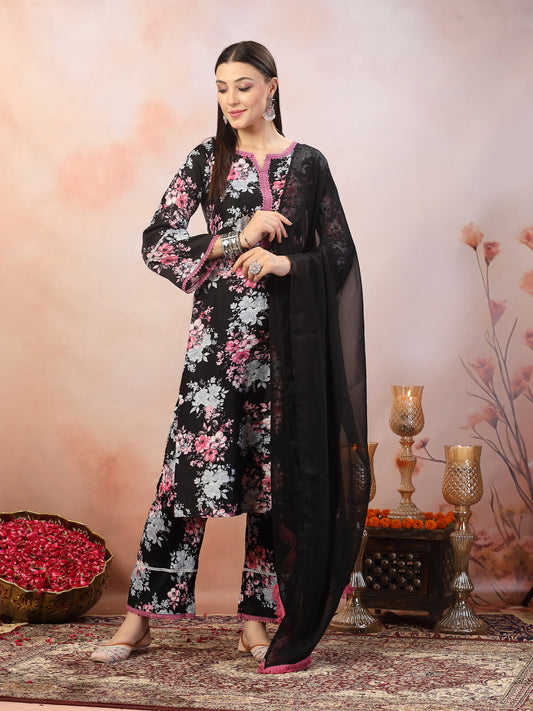 Stylum Women's Black Printed Italian Crush Straight Kurta Pant Dupatta Set (KPDBLACKBUNK)