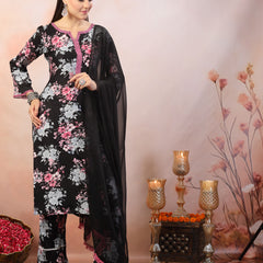 Stylum Women's Black Printed Italian Crush Straight Kurta Pant Dupatta Set (KPDBLACKBUNK)
