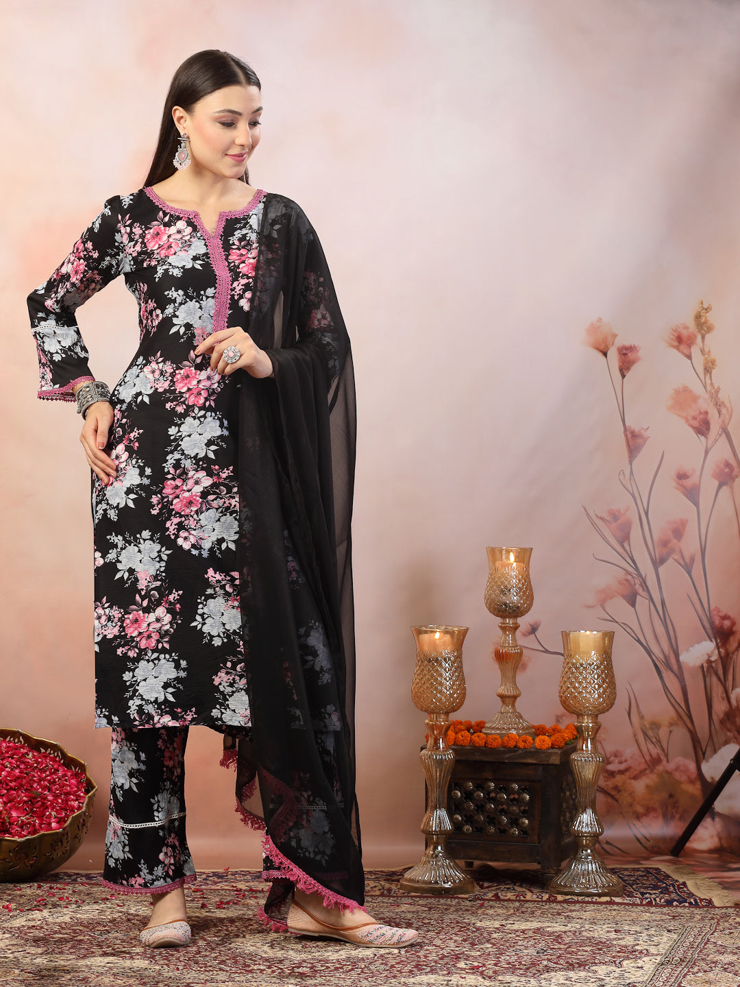 Stylum Women's Black Printed Italian Crush Straight Kurta Pant Dupatta Set (KPDBLACKBUNK)