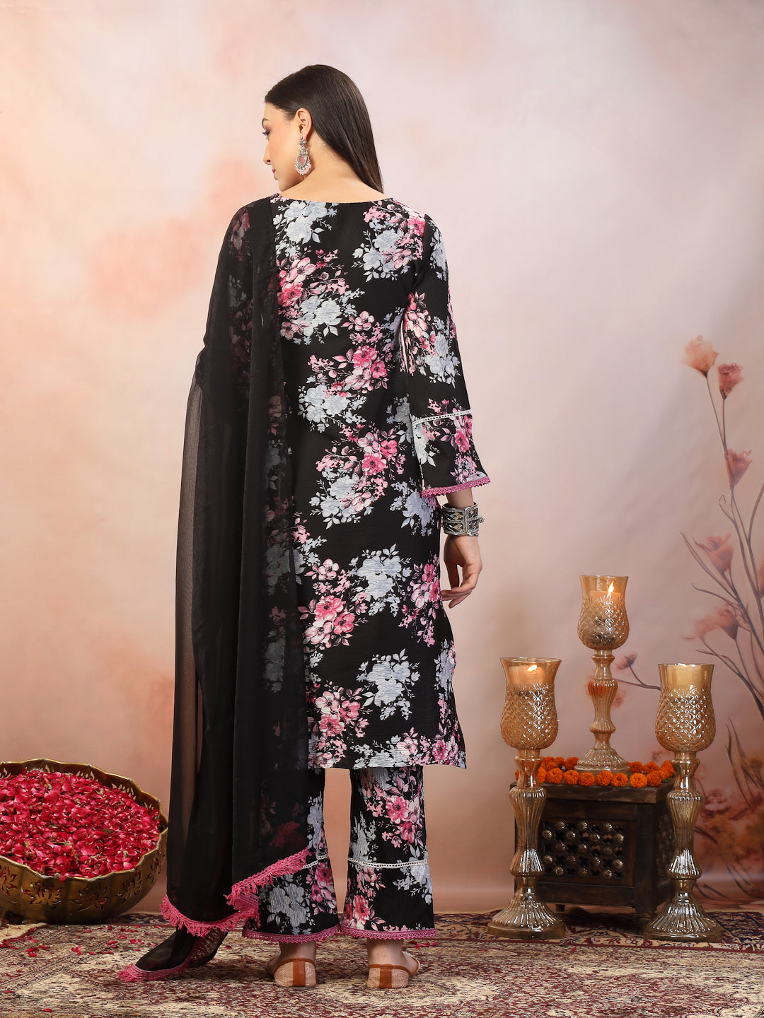 Stylum Women's Black Printed Italian Crush Straight Kurta Pant Dupatta Set (KPDBLACKBUNK)