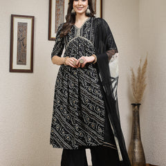 Stylum Women's Bandhej Printed Rayon Naira Cut Kurta Palazzo Dupatta Set (KPDBLACKCHARLI)