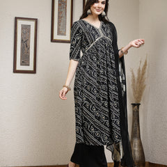 Stylum Women's Bandhej Printed Rayon Naira Cut Kurta Palazzo Dupatta Set (KPDBLACKCHARLI)