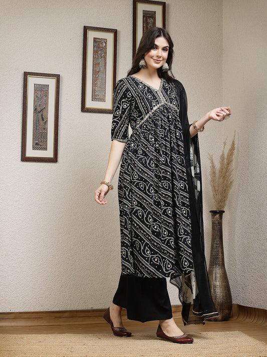 Stylum Women's Bandhej Printed Rayon Naira Cut Kurta Palazzo Dupatta Set (KPDBLACKCHARLI)