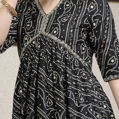 Stylum Women's Bandhej Printed Rayon Naira Cut Kurta Palazzo Dupatta Set (KPDBLACKCHARLI)