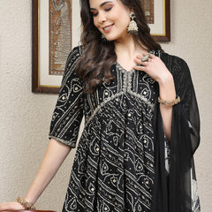Stylum Women's Bandhej Printed Rayon Naira Cut Kurta Palazzo Dupatta Set (KPDBLACKCHARLI)