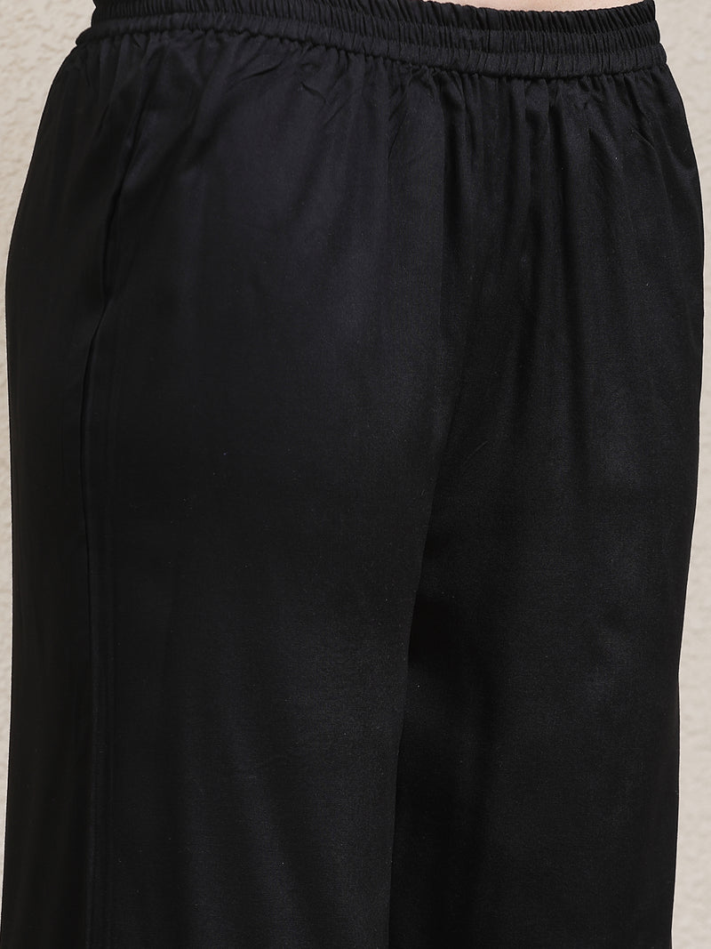 Stylum Women's Bandhej Printed Rayon Naira Cut Kurta Palazzo Dupatta Set (KPDBLACKCHARLI)