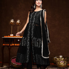 Stylum Women's Black Georgette Embroidered Teired Kurta Pant Dupatta Set (KPDBLACKDAVID)