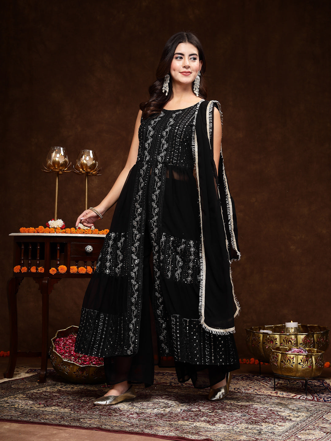 Stylum Women's Black Georgette Embroidered Teired Kurta Pant Dupatta Set (KPDBLACKDAVID)