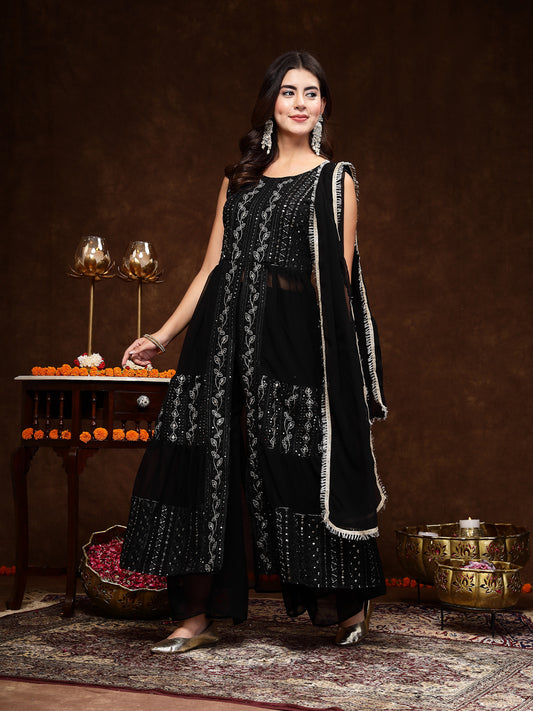 Stylum Women's Black Georgette Embroidered Teired Kurta Pant Dupatta Set (KPDBLACKDAVID)