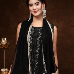 Stylum Women's Black Georgette Embroidered Teired Kurta Pant Dupatta Set (KPDBLACKDAVID)