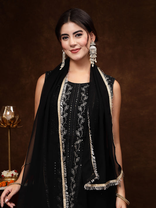 Stylum Women's Black Georgette Embroidered Teired Kurta Pant Dupatta Set (KPDBLACKDAVID)