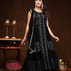 Stylum Women's Black Georgette Embroidered Teired Kurta Pant Dupatta Set (KPDBLACKDAVID)