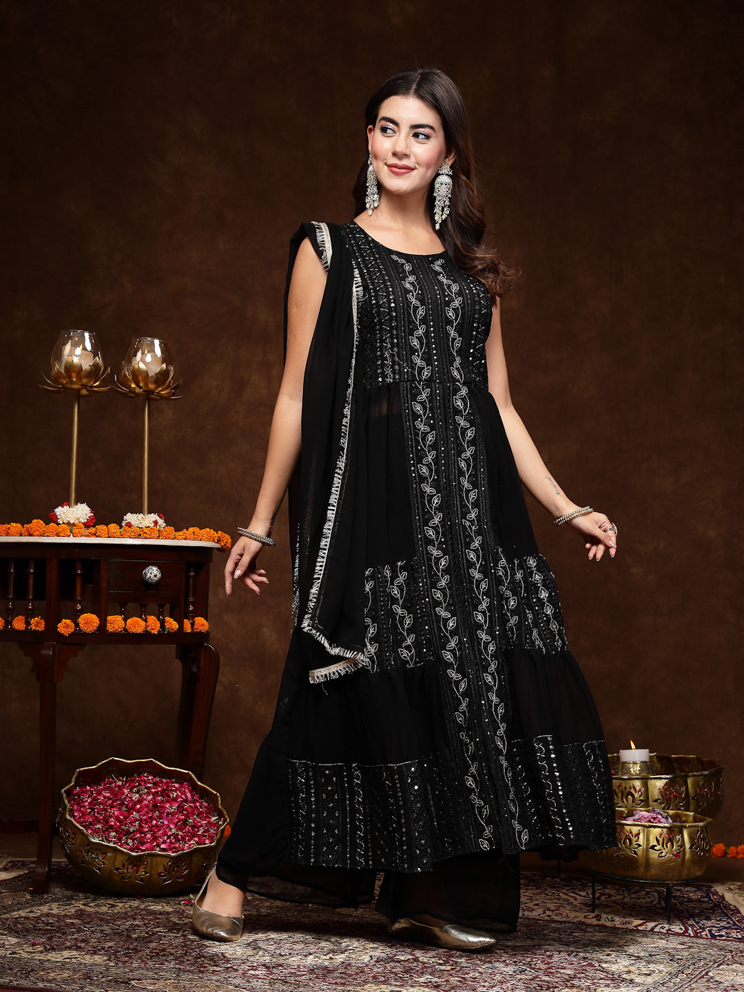 Stylum Women's Black Georgette Embroidered Teired Kurta Pant Dupatta Set (KPDBLACKDAVID)