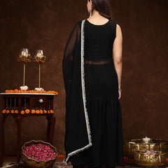 Stylum Women's Black Georgette Embroidered Teired Kurta Pant Dupatta Set (KPDBLACKDAVID)