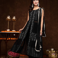 Stylum Women's Black Georgette Embroidered Teired Kurta Pant Dupatta Set (KPDBLACKDAVID)