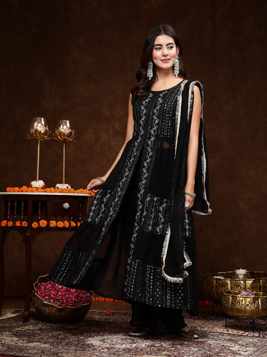 Stylum Women's Black Georgette Embroidered Teired Kurta Pant Dupatta Set (KPDBLACKDAVID)