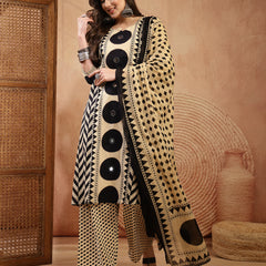 Stylum Women's Black Printed Cotton A-Line Kurta Palazzo Dupatta Set (KPDBLACKDIMI)