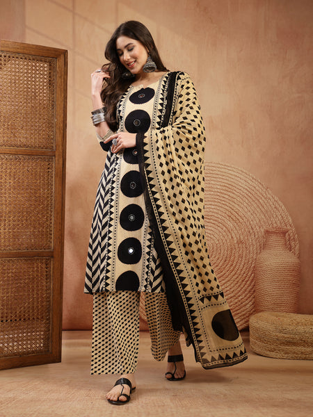 Stylum Women's Black Printed Cotton A-Line Kurta Palazzo Dupatta Set (KPDBLACKDIMI)