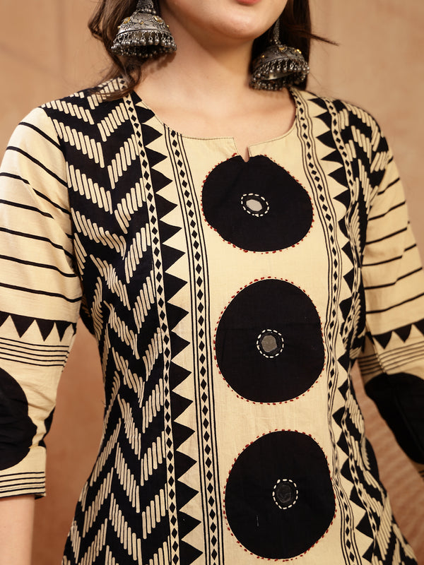 Stylum Women's Black Printed Cotton A-Line Kurta Palazzo Dupatta Set (KPDBLACKDIMI)