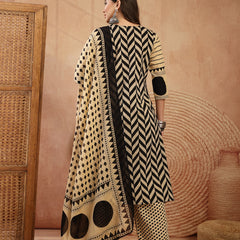 Stylum Women's Black Printed Cotton A-Line Kurta Palazzo Dupatta Set (KPDBLACKDIMI)
