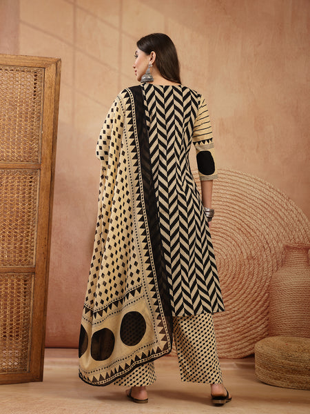 Stylum Women's Black Printed Cotton A-Line Kurta Palazzo Dupatta Set (KPDBLACKDIMI)