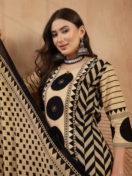 Stylum Women's Black Printed Cotton A-Line Kurta Palazzo Dupatta Set (KPDBLACKDIMI)