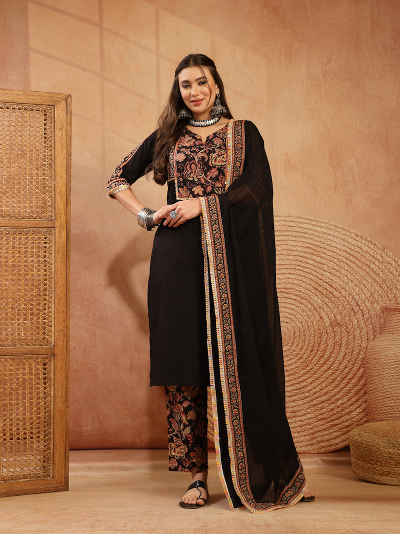 Stylum Women's Black Solid Cotton Straight Kurta Pant Dupatta Set (KPDBLACKGAP)
