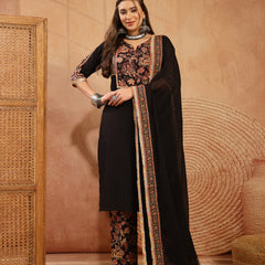 Stylum Women's Black Solid Cotton Straight Kurta Pant Dupatta Set (KPDBLACKGAP)
