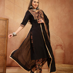 Stylum Women's Black Solid Cotton Straight Kurta Pant Dupatta Set (KPDBLACKGAP)