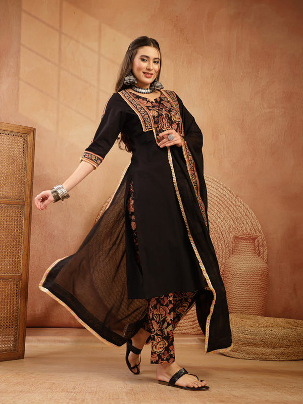 Stylum Women's Black Solid Cotton Straight Kurta Pant Dupatta Set (KPDBLACKGAP)